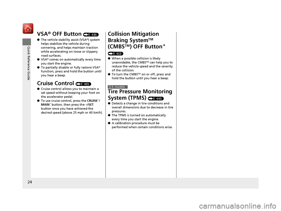 HONDA CIVIC COUPE 2016 10.G Owners Manual 24
Quick Reference Guide
VSA® OFF Button (P 436)
● The vehicle stability assist (VSA ®) system
helps stabilize the vehicle during
cornering, and helps maintain traction
while accelerating on HONDA CIVIC COUPE 2016 10.G Owners Manual 24
Quick Reference Guide
VSA® OFF Button (P 436)
● The vehicle stability assist (VSA ®) system
helps stabilize the vehicle during
cornering, and helps maintain traction
while accelerating on