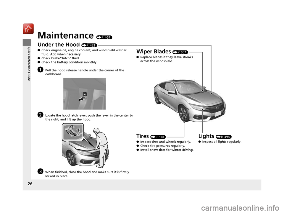 HONDA CIVIC COUPE 2016 10.G Owners Manual 26
Quick Reference Guide
Maintenance (P 469)
Under the Hood (P 483)
● Check engine oil, engine coolant, and windshield washer  
fluid. Add when necessary.
● Check brake/clutch *
 fluid.
● Check 