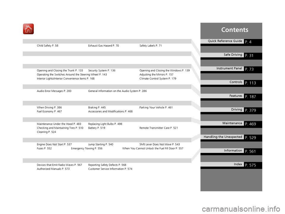 HONDA CIVIC COUPE 2016 10.G Owners Manual Contents
Child Safety P. 58 Exhaust Gas Hazard P. 70 Safety Labels P. 71
Opening and Closing the Trunk P. 133 Security System P. 136 Opening and Closing the Windows P. 139
Operating the Switches Aroun