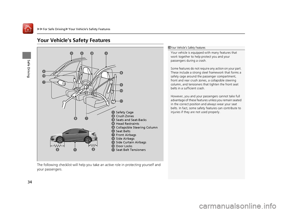 HONDA CIVIC COUPE 2016 10.G Owners Guide 34
uuFor Safe DrivinguYour Vehicle’s Safety Features
Safe Driving
Your Vehicle’s Safety Features
The following checklist will help you take an active role in protecting yourself and
your passeng HONDA CIVIC COUPE 2016 10.G Owners Guide 34
uuFor Safe DrivinguYour Vehicle’s Safety Features
Safe Driving
Your Vehicle’s Safety Features
The following checklist will help you take an active role in protecting yourself and
your passeng