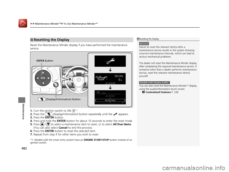 HONDA CIVIC COUPE 2016 10.G Owners Guide uuMaintenance MinderTMuTo Use Maintenance Minder TM
482
Maintenance
Reset the Maintenance Minder display if you have performed the maintenance  service. 1. Turn the ignition  switch to ON 
(w*1
.
2. P