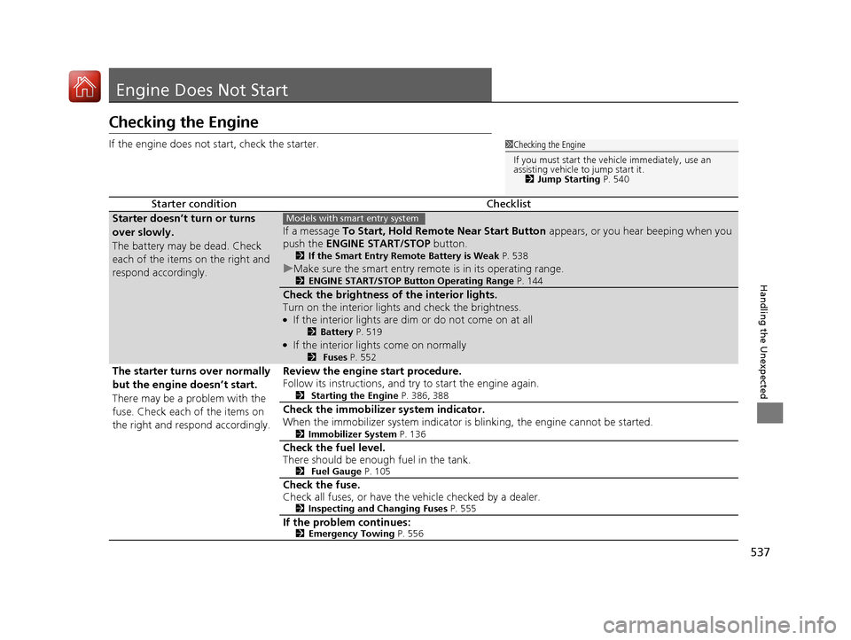 HONDA CIVIC COUPE 2016 10.G Owners Manual 537
Handling the Unexpected
Engine Does Not Start
Checking the Engine
If the engine does not start, check the starter.
Starter conditionChecklist
Starter doesn’t turn or turns
over slowly.
The b HONDA CIVIC COUPE 2016 10.G Owners Manual 537
Handling the Unexpected
Engine Does Not Start
Checking the Engine
If the engine does not start, check the starter.
Starter conditionChecklist
Starter doesn’t turn or turns
over slowly.
The b