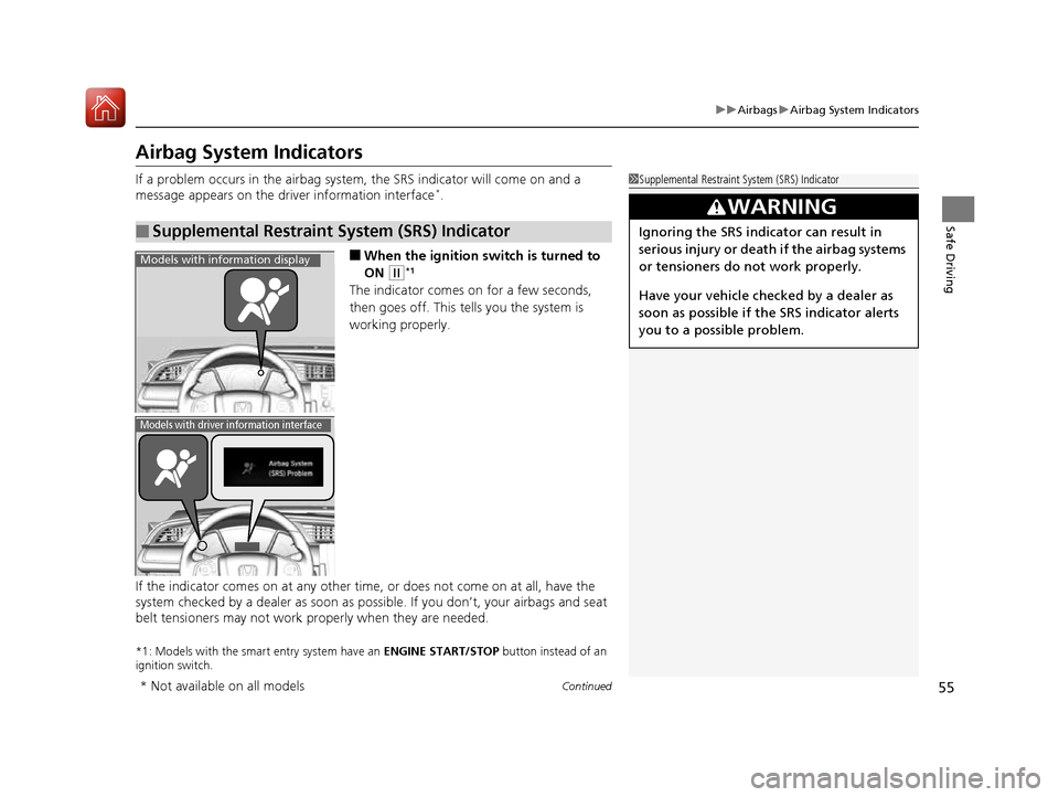 HONDA CIVIC COUPE 2016 10.G User Guide 55
uuAirbagsuAirbag System Indicators
Continued
Safe Driving
Airbag System Indicators 
If a problem occurs in the airbag system, the SRS indicator will come on and a 
message appears on the driver inf