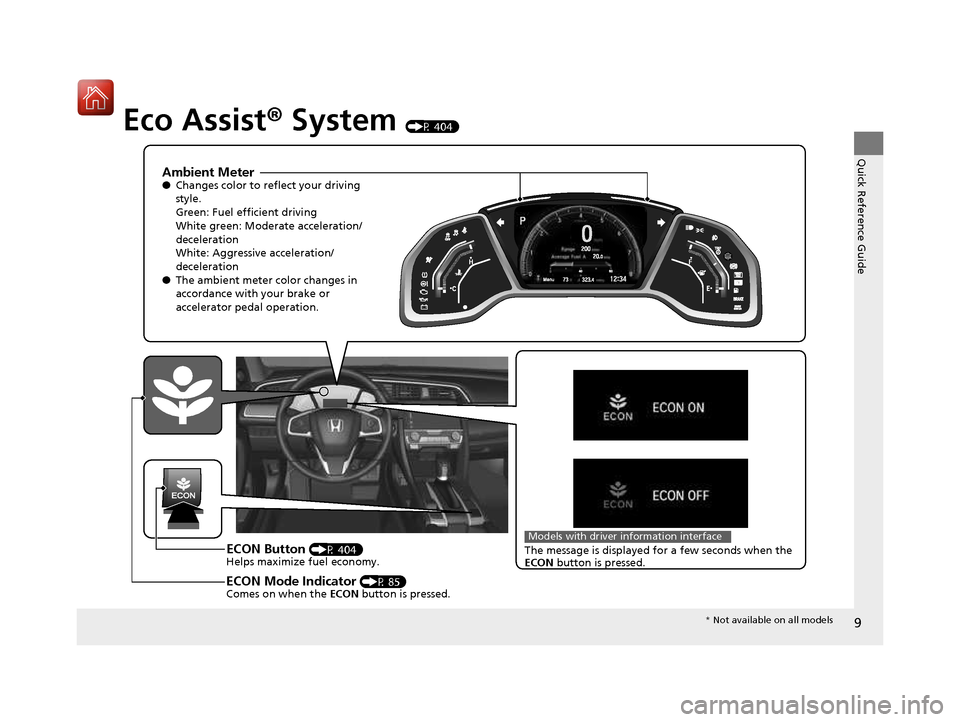 HONDA CIVIC COUPE 2016 10.G Owners Manual 9
Quick Reference Guide
Eco Assist® System  (P 404)
200
323. 4
12‰34
P
Menu 40 80
Ambient Meter ●
Changes color to re flect your driving 
style. 
Green: Fuel efficient driving
White green: Moder