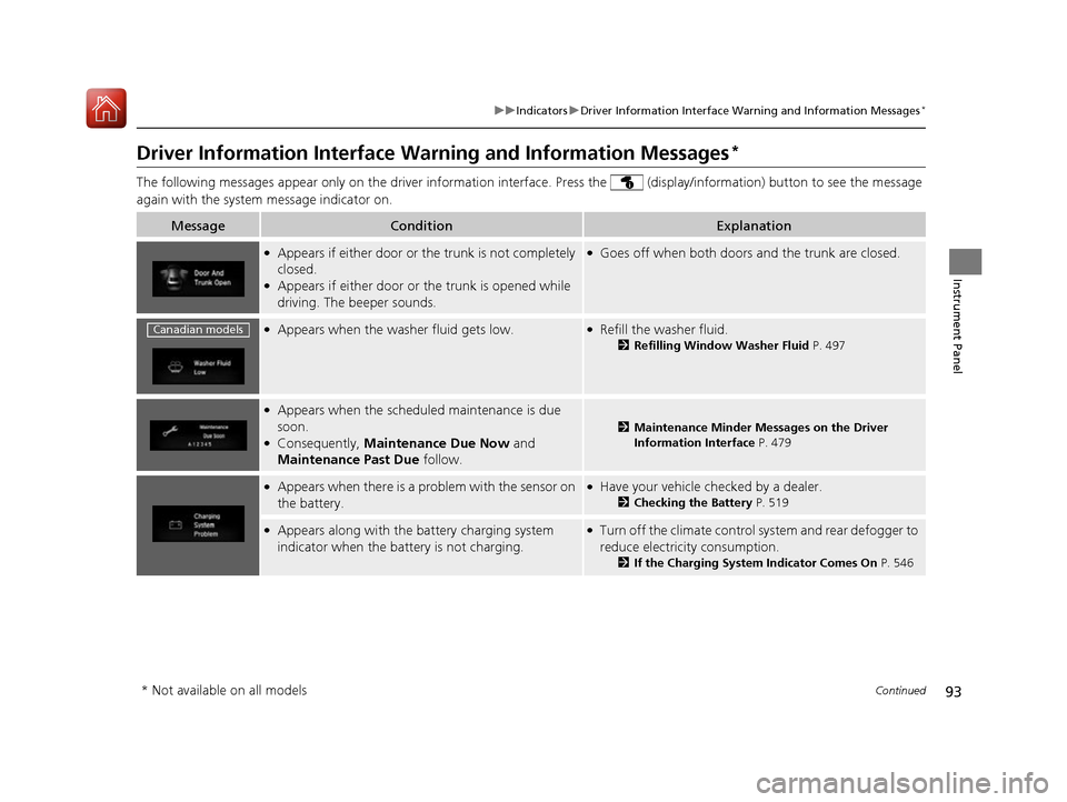 HONDA CIVIC COUPE 2016 10.G Owners Manual 93
uuIndicatorsuDriver Information Interface Warning and Information Messages*
Continued
Instrument Panel
Driver Information Interface Warning and Information Messages *
The following messages appear 