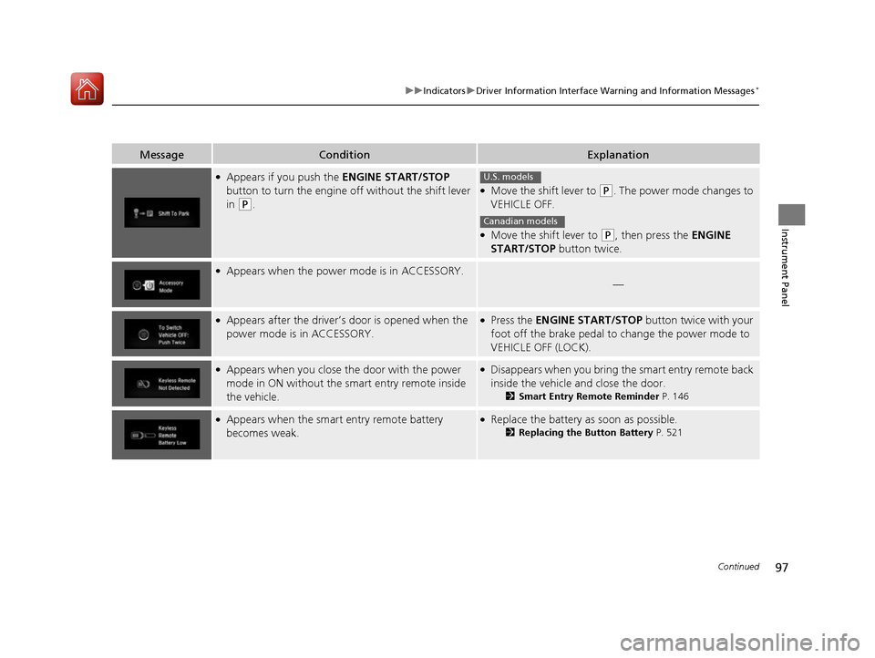 HONDA CIVIC COUPE 2016 10.G Owners Manual 97
uuIndicatorsuDriver Information Interface Warning and Information Messages*
Continued
Instrument Panel
MessageConditionExplanation
●
Appears if you push the  ENGINE START/STOP 
button to turn the