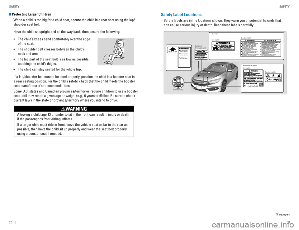 HONDA CIVIC COUPE 2016 10.G Quick Guide 20    ||    21
       SAFETY
SAFETY
 Protecting Larger Children
When a child is too big for a child seat, secure the child in a rear seat using the lap/
shoulder seat belt. Have the child sit upright 