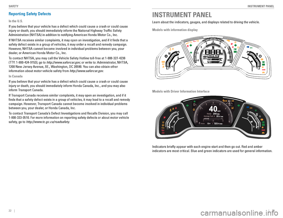 HONDA CIVIC COUPE 2016 10.G Quick Guide 22    ||    23
       INSTRUMENT PANEL
SAFETY
INSTRUMENT PANELReporting Safety Defects
In the U.S.
If you believe that your vehicle has a defect which could cause a crash or could cause  
injury or de
