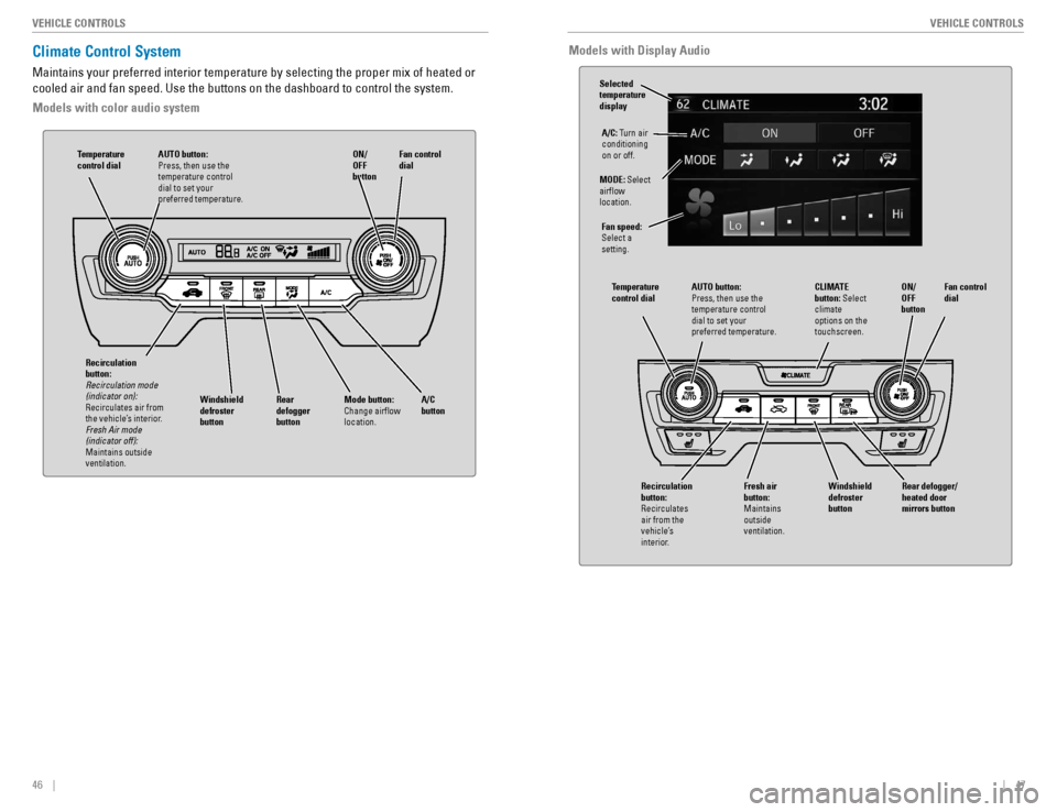 HONDA CIVIC COUPE 2016 10.G Quick Guide 46    ||    47
       VEHICLE CONTROLS
VEHICLE CONTROLS
Climate Control System
Maintains your preferred interior temperature by selecting the proper mix of heated or  cooled air and fan speed. Use the