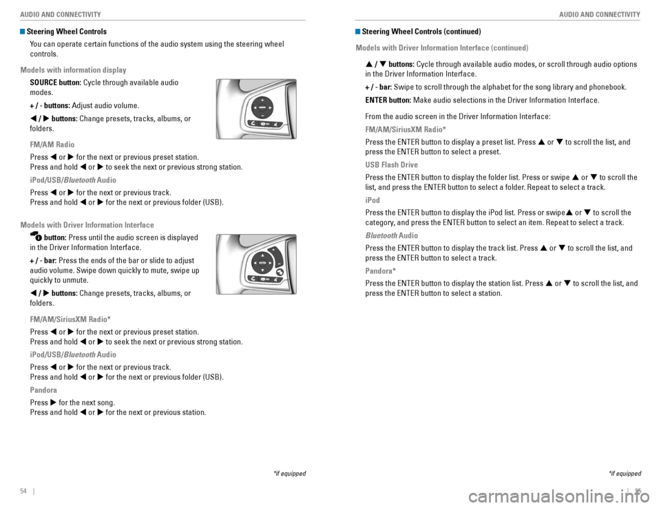 HONDA CIVIC COUPE 2016 10.G Quick Guide 54    ||    55
       AUDIO AND CONNECTIVITY
AUDIO AND CONNECTIVITY
 Steering Wheel Controls
You can operate certain functions of the audio system using the steering wheel  controls.
Models with infor