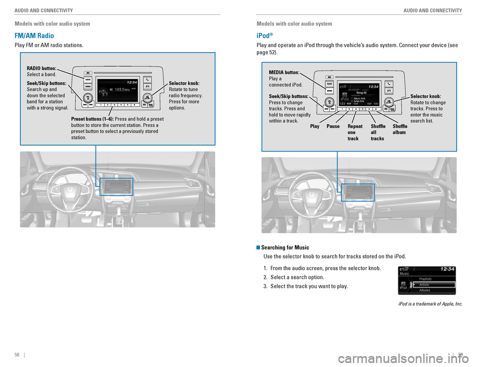 HONDA CIVIC COUPE 2016 10.G Quick Guide 58    ||    59
       AUDIO AND CONNECTIVITY
AUDIO AND CONNECTIVITY
Models with color audio system
FM/AM Radio
Play FM or AM radio stations.
RADIO button:  Select a band.
Preset buttons (1–6): Press