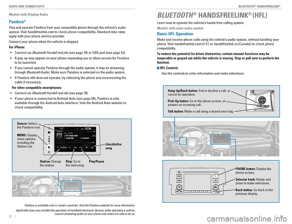 HONDA CIVIC COUPE 2016 10.G Quick Guide |    73
       
BLUETOOTH ®
 HANDSFREELINK ®72    |
AUDIO AND CONNECTIVITY
Models with Display Audio
Pandora
®
Play and operate Pandora from your compatible phone through the vehicle’s audio  sys