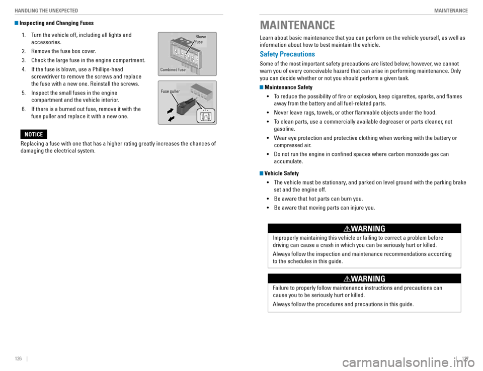 HONDA CIVIC COUPE 2016 10.G Quick Guide 126    ||    127
       MAINTENANCE
HANDLING THE UNEXPECTED
 Inspecting and Changing Fuses
1.  Turn the vehicle off, including all lights and 
accessories.
2.  Remove the fuse box cover. 
3.  Check th