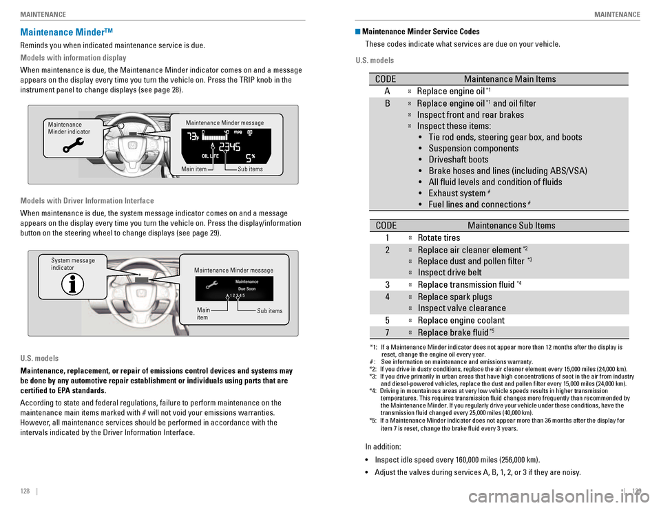 HONDA CIVIC COUPE 2016 10.G Quick Guide 128    ||    129
       MAINTENANCE
MAINTENANCE
Maintenance Minder™
Reminds you when indicated maintenance service is due.
Models with information display
When maintenance is due, the Maintenance Mi