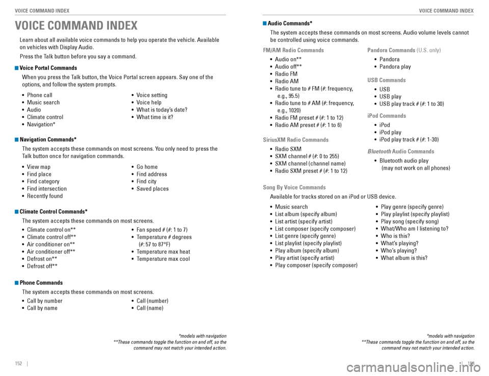 HONDA CIVIC COUPE 2016 10.G Quick Guide 152    ||    153
       VOICE COMMAND INDEX
VOICE COMMAND INDEX
 Voice Portal Commands
When you press the Talk button, the Voice Portal screen appears. Say one of the  options, and follow the system p