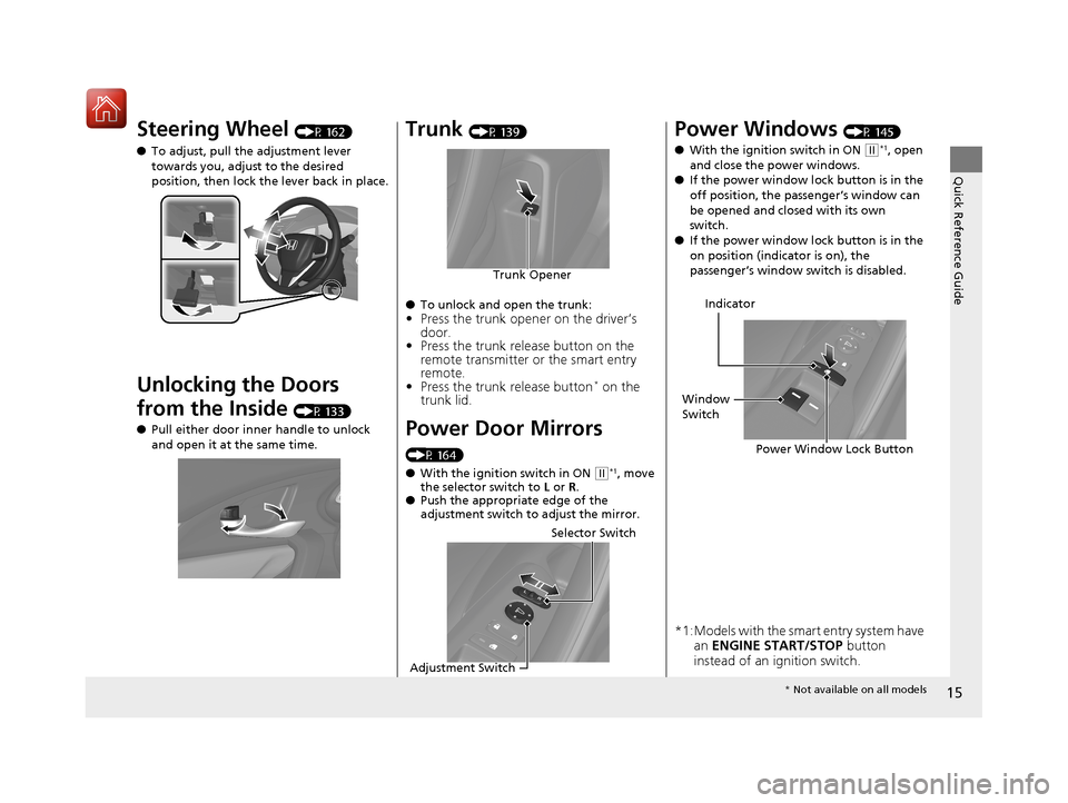 HONDA CIVIC COUPE 2017 10.G User Guide 15
Quick Reference Guide
Steering Wheel (P 162)
● To adjust, pull the adjustment lever
towards you, adjust to the desired
position, then lock the lever back in place.
Unlocking the Doors
from the HONDA CIVIC COUPE 2017 10.G User Guide 15
Quick Reference Guide
Steering Wheel (P 162)
● To adjust, pull the adjustment lever
towards you, adjust to the desired
position, then lock the lever back in place.
Unlocking the Doors
from the