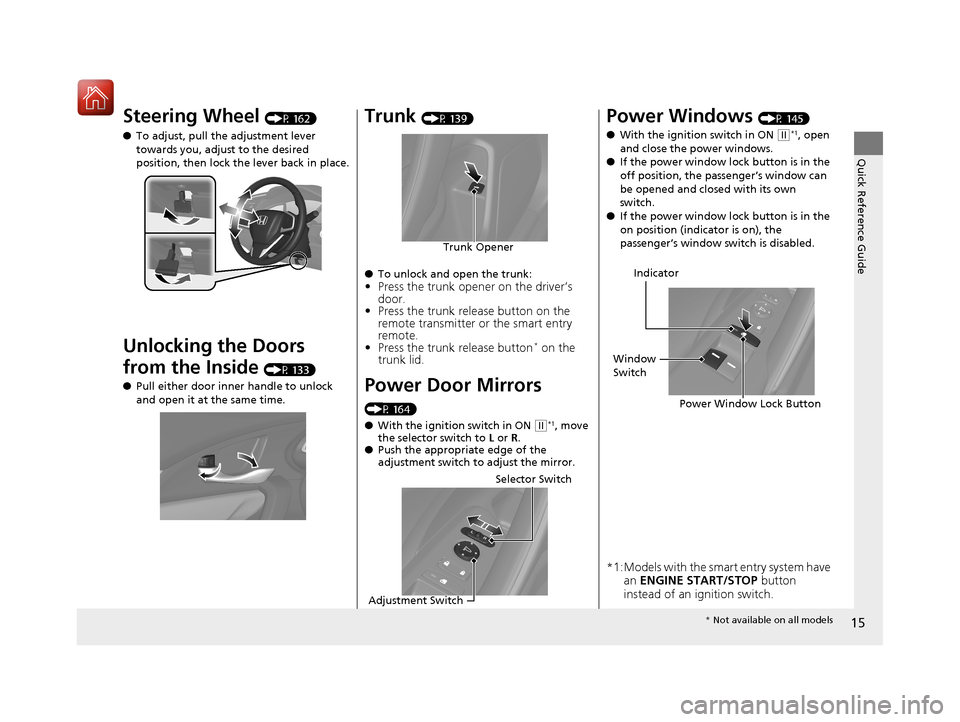 HONDA CIVIC COUPE 2017 10.G User Guide 15
Quick Reference Guide
Steering Wheel (P 162)
● To adjust, pull the adjustment lever 
towards you, adjust to the desired 
position, then lock the lever back in place.
Unlocking the Doors 
from the