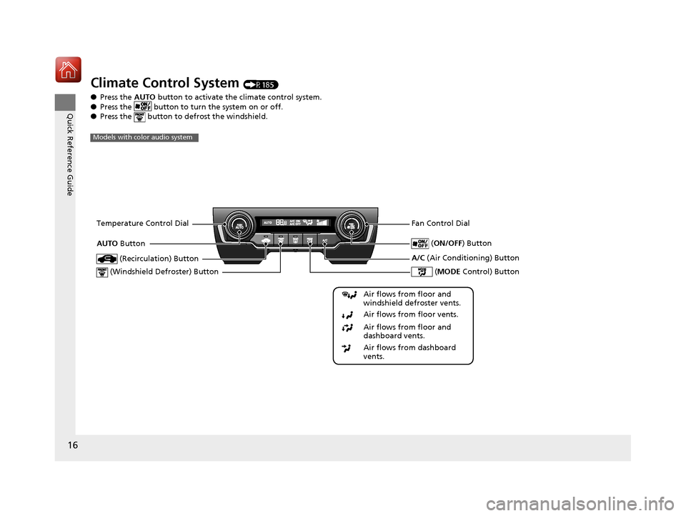 HONDA CIVIC COUPE 2017 10.G Owners Manual 16
Quick Reference Guide
Climate Control System (P185)
● Press the  AUTO button to activate the climate control system.
● Press the   button to turn the system on or off.
● Press the   button to