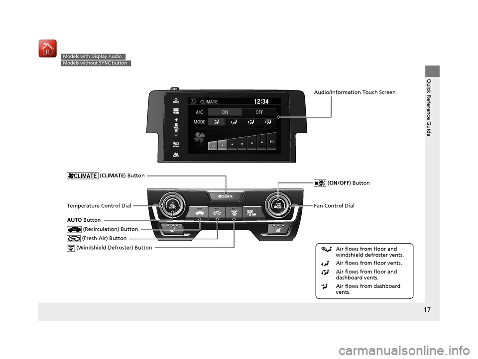 HONDA CIVIC COUPE 2017 10.G User Guide 17
Quick Reference Guide
Models with Display Audio
Models without SYNC button
Fan Control Dial
(Windshield Defroster) ButtonTemperature Control Dial
Air flows from floor and
windshield defroster ven HONDA CIVIC COUPE 2017 10.G User Guide 17
Quick Reference Guide
Models with Display Audio
Models without SYNC button
Fan Control Dial
(Windshield Defroster) ButtonTemperature Control Dial
Air flows from floor and
windshield defroster ven