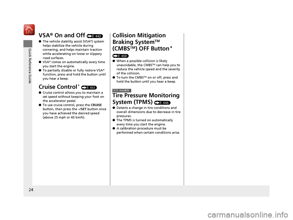 HONDA CIVIC COUPE 2017 10.G Owners Manual 24
Quick Reference Guide
VSA® On and Off (P 442)
● The vehicle stability assist (VSA® ) system 
helps stabilize the vehicle during 
cornering, and helps maintain traction 
while accelerating on lo