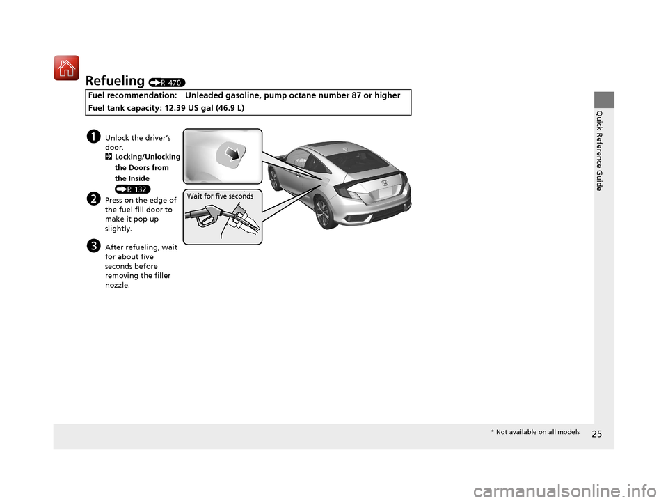 HONDA CIVIC COUPE 2017 10.G Owners Manual 25
Quick Reference Guide
Refueling (P 470)
Fuel recommendation: Unleaded gasoline, pump octane number 87 or higher
Fuel tank capacity: 12.39 US gal (46.9 L)
aUnlock the driver’s
door.2 Locking/Unlo HONDA CIVIC COUPE 2017 10.G Owners Manual 25
Quick Reference Guide
Refueling (P 470)
Fuel recommendation: Unleaded gasoline, pump octane number 87 or higher
Fuel tank capacity: 12.39 US gal (46.9 L)
aUnlock the driver’s
door.2 Locking/Unlo
