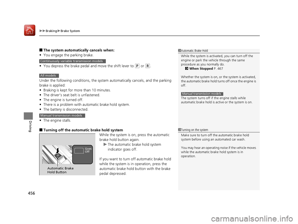 HONDA CIVIC COUPE 2017 10.G Owners Guide uuBraking uBrake System
456
Driving
■The system automatically cancels when:
• You engage the parking brake.
• You depress the brake pedal and move the shift lever to 
(P or (R.
Under the followi