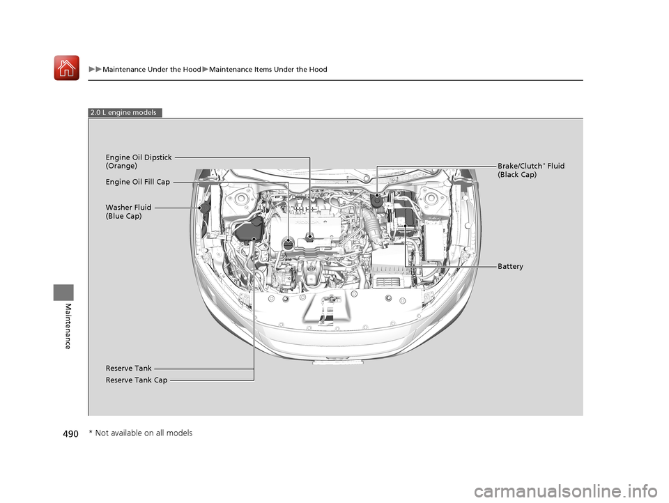 HONDA CIVIC COUPE 2017 10.G Service Manual 490
uuMaintenance Under the Hood uMaintenance Items Under the Hood
Maintenance
2.0 L engine models
Brake/Clutch* Fluid 
(Black Cap)
Reserve Tank Washer Fluid 
(Blue Cap) Engine Oil Dipstick 
(Orange)
