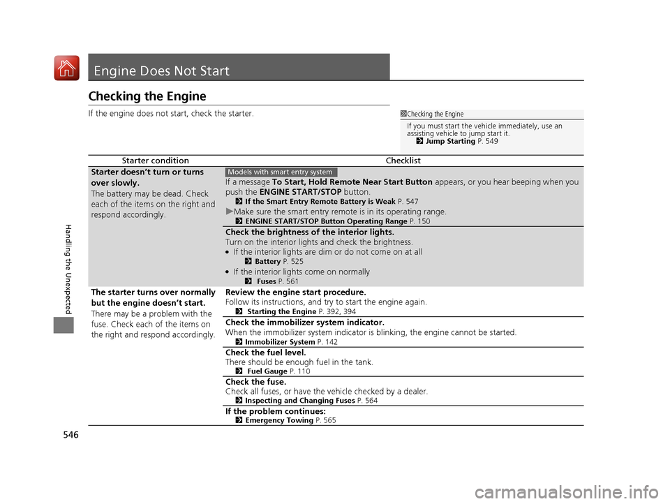 HONDA CIVIC COUPE 2017 10.G Owners Manual 546
Handling the Unexpected
Engine Does Not Start
Checking the Engine
If the engine does not start, check the starter.
Starter conditionChecklist
Starter doesn’t turn or turns
over slowly.
The batt HONDA CIVIC COUPE 2017 10.G Owners Manual 546
Handling the Unexpected
Engine Does Not Start
Checking the Engine
If the engine does not start, check the starter.
Starter conditionChecklist
Starter doesn’t turn or turns
over slowly.
The batt