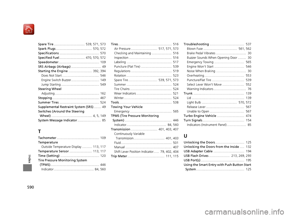 HONDA CIVIC COUPE 2017 10.G Owners Manual 590
Index
Spare Tire..................................  539, 571, 573
Spark Plugs ........................................  570, 572
Specifications ............................................ 570
Spe