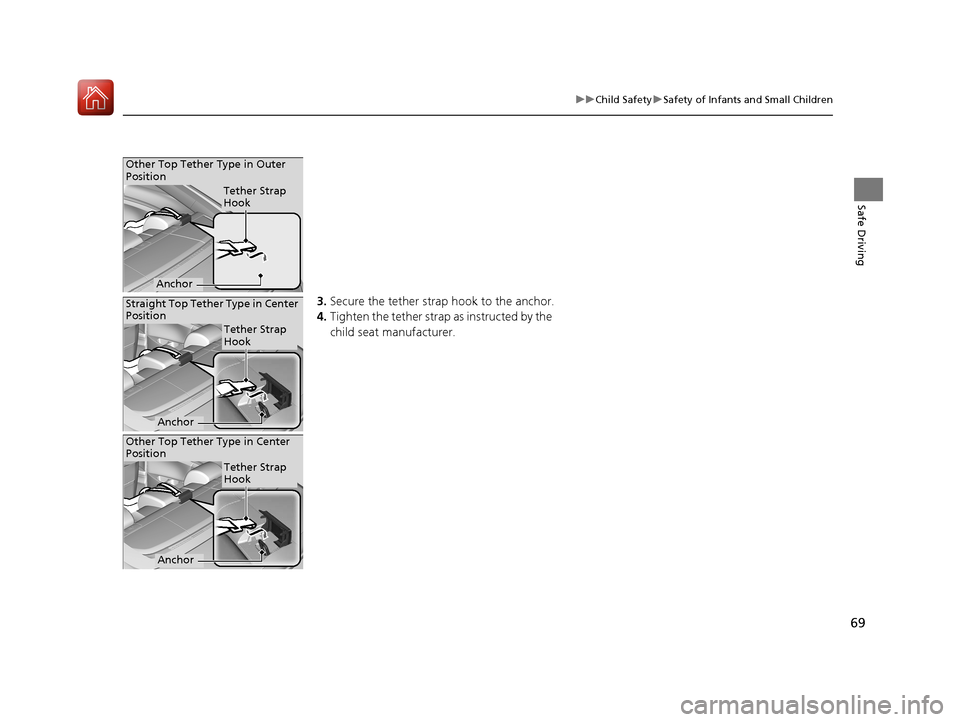 HONDA CIVIC COUPE 2017 10.G Repair Manual 69
uuChild Safety uSafety of Infants and Small Children
Safe Driving
3. Secure the tether strap hook to the anchor.
4. Tighten the tether strap as instructed by the
child seat manufacturer.
Other To HONDA CIVIC COUPE 2017 10.G Repair Manual 69
uuChild Safety uSafety of Infants and Small Children
Safe Driving
3. Secure the tether strap hook to the anchor.
4. Tighten the tether strap as instructed by the
child seat manufacturer.
Other To