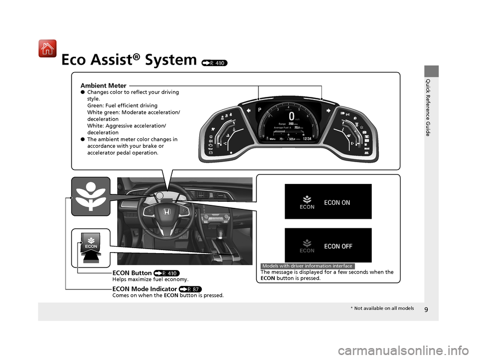 HONDA CIVIC COUPE 2017 10.G Owners Manual 9
Quick Reference Guide
Eco Assist® System (P 410)
200
323.412‰34
P
Menu40 80
Ambient Meter●Changes color to re flect your driving 
style.
Green: Fuel efficient driving
White green: Moderate acc