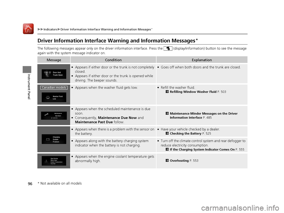 HONDA CIVIC COUPE 2017 10.G Owners Manual 96
uuIndicators uDriver Information Interface Wa rning and Information Messages*
Instrument Panel
Driver Information Interface Warning and Information Messages*
The following messages appear only on t