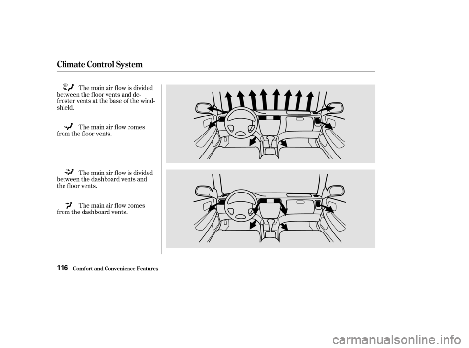 HONDA CIVIC HATCHBACK 2002 7.G Owners Guide The main air f low is divided
between the dashboard vents and 
the f loor vents. The main air f low is divided
between the f loor vents and de-
froster vents at the base of the wind-
shield.
The main 