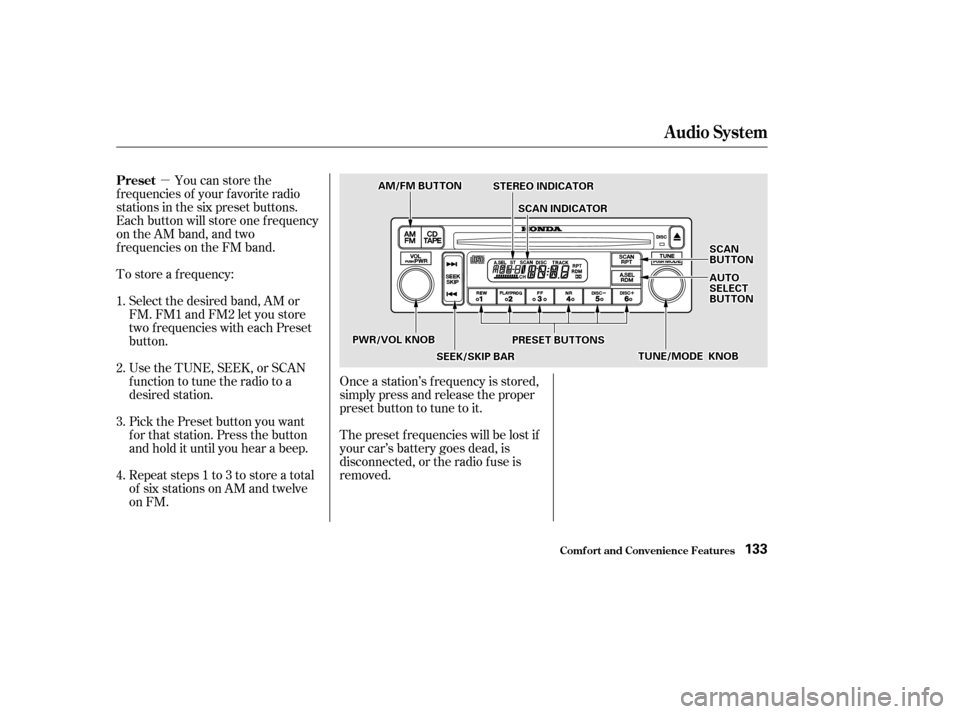 HONDA CIVIC HATCHBACK 2002 7.G Service Manual µ
Repeat steps 1 to 3 to store a total 
of six stations on AM and twelve
on FM.
Pick the Preset button you want
for that station. Press the button
and hold it until you hear a beep.
Select the desir