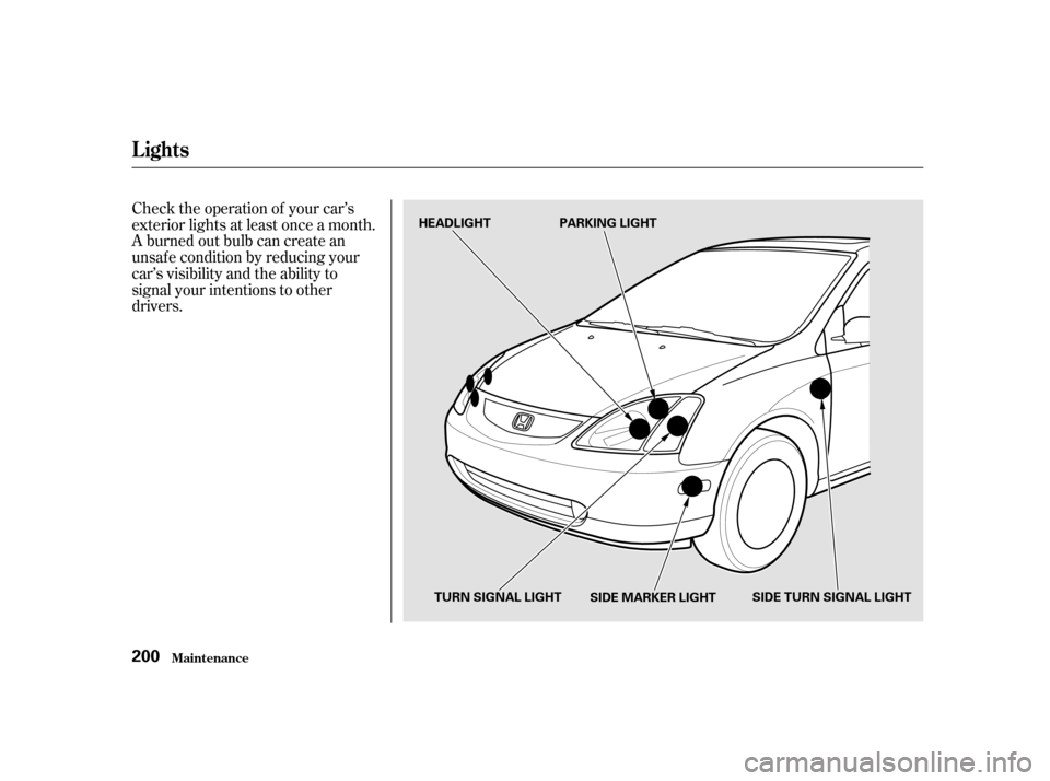 HONDA CIVIC HATCHBACK 2003 7.G Owners Manual Check the operation of your car’s 
exterior lights at least once a month.
A burned out bulb can create an
unsaf e condition by reducing your
car’s visibility and the ability to
signal your intenti