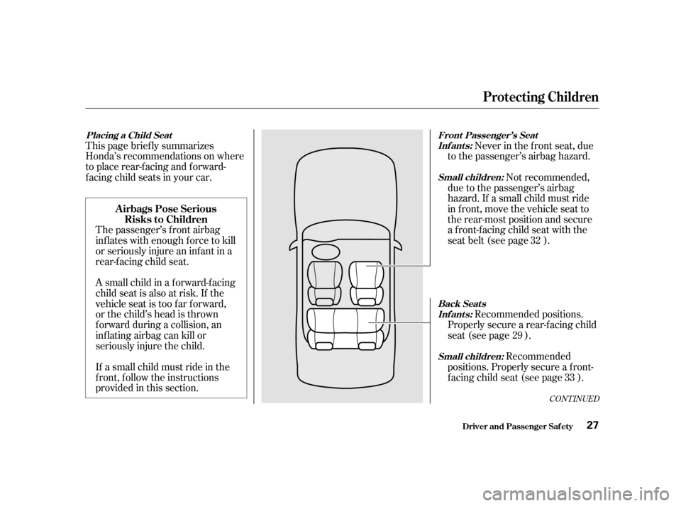 HONDA CIVIC HATCHBACK 2003 7.G Owners Manual Not recommended,
due to the passenger’s airbag 
hazard. If a small child must ride
in front, move the vehicle seat to
the rear-most position and secure
a f ront-f acing child seat with the
seat belt