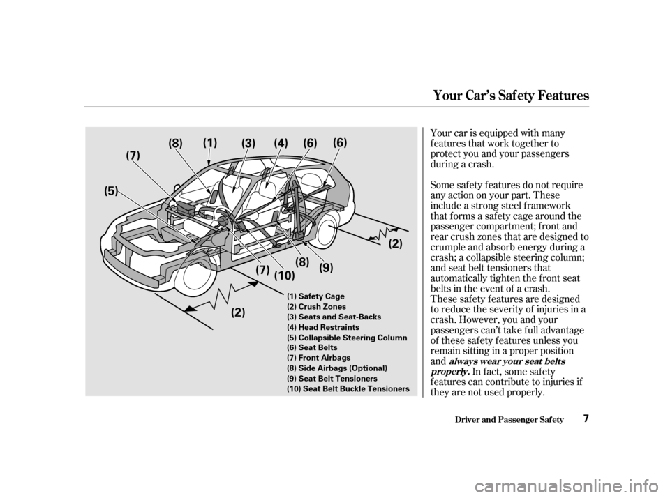 HONDA CIVIC HATCHBACK 2003 7.G Owners Manual Your car is equipped with many 
features that work together to
protect you and your passengers
during a crash. 
Some saf ety f eatures do not require 
anyactiononyourpart.These
include a strong steel 