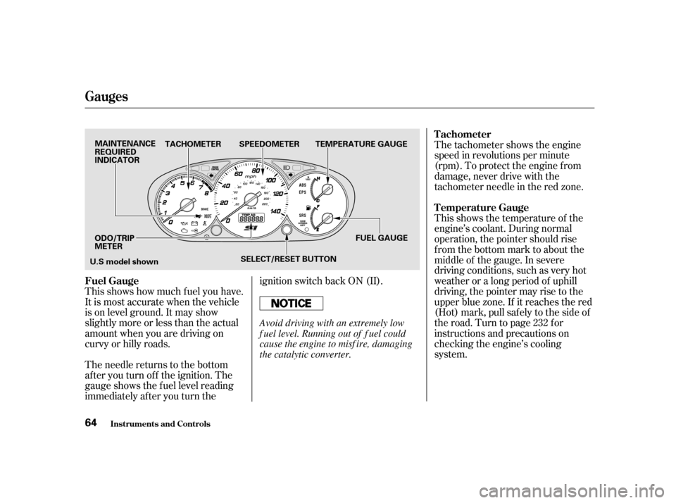 HONDA CIVIC HATCHBACK 2003 7.G Repair Manual The tachometer shows the engine 
speed in revolutions per minute
(rpm). To protect the engine f rom
damage, never drive with the
tachometer needle in the red zone.
The needle returns to the bottom
aft