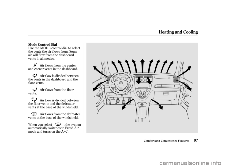 HONDA CIVIC HATCHBACK 2003 7.G Owners Manual Air flows from the center
and corner vents in the dashboard.
Air f low is divided between
the vents in the dashboard and the
f loor vents.
Air f lows f rom the f loor
vents.
Air f low is divided betw HONDA CIVIC HATCHBACK 2003 7.G Owners Manual Air flows from the center
and corner vents in the dashboard.
Air f low is divided between
the vents in the dashboard and the
f loor vents.
Air f lows f rom the f loor
vents.
Air f low is divided betw