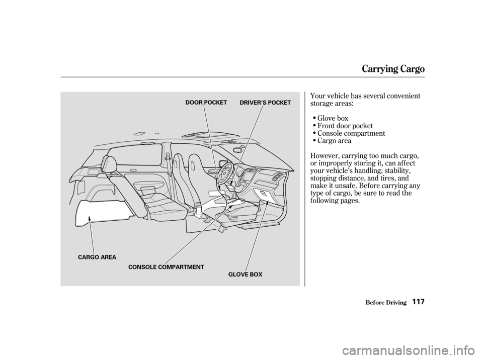 HONDA CIVIC HATCHBACK 2004 7.G Owners Manual Your vehicle has several convenient 
storage areas:Glove box
Front door pocket
Console compartment
Cargo area
However, carrying too much cargo,
or improperly storing it, can af f ect
your vehicle’s 