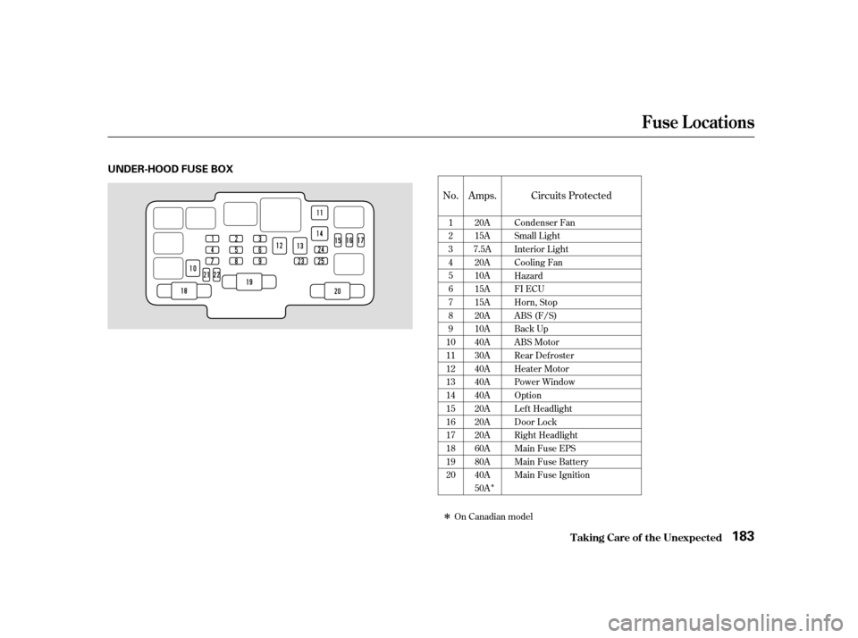 HONDA CIVIC HATCHBACK 2004 7.G Owners Manual Î
Î No. Amps. Circuits Protected
1 23456789
1011121314151617181920 20A15A
7.5A
20A10A15A15A20A10A40A30A40A40A40A20A20A20A60A80A40A50A Condenser Fan
Small Light
Interior Light
Cooling Fan
Hazard
FI