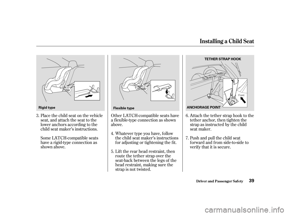 HONDA CIVIC HATCHBACK 2004 7.G Owners Guide Place the child seat on the vehicle 
seat, and attach the seat to the
lower anchors according to the
child seat maker’s instructions.Other LATCH-compatible seats have
a f lexible-type connection as 