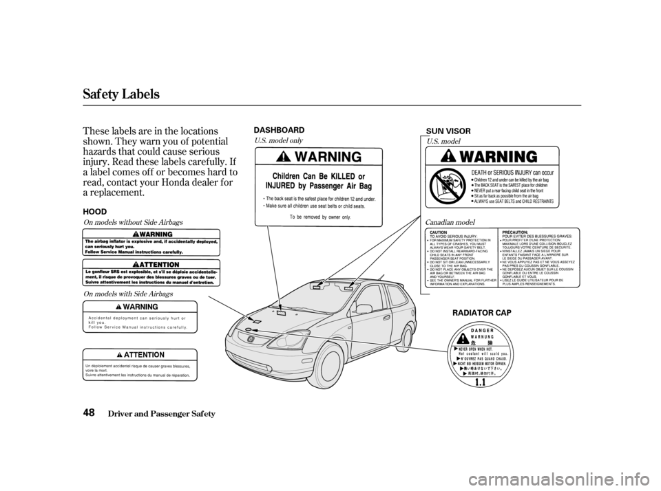 HONDA CIVIC HATCHBACK 2004 7.G Service Manual These labels are in the locations 
shown. They warn you of potential
hazards that could cause serious
injury. Read these labels caref ully. If
a label comes of f or becomes hard to
read, contact your 