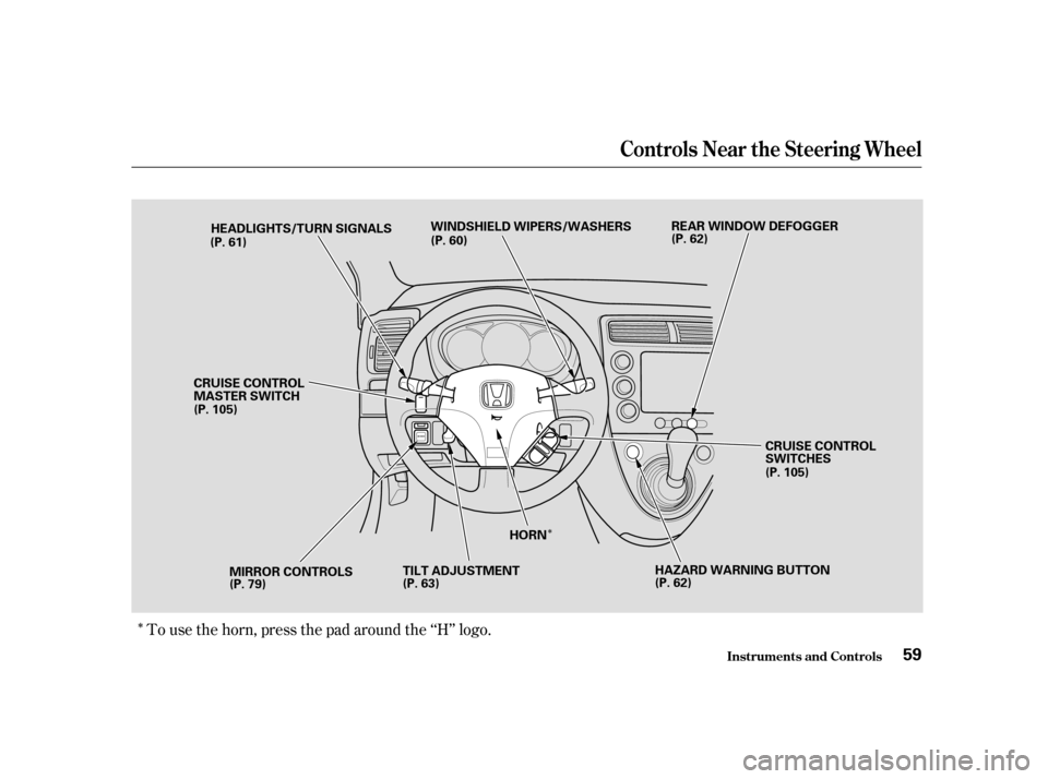 HONDA CIVIC HATCHBACK 2004 7.G Owners Manual Î
Î To use the horn, press the pad around the ‘‘H’’ logo.
Inst rument s and Cont rols
Controls Near the Steering Wheel
59
REAR WINDOW DEFOGGER
MIRROR CONTROLS TILT ADJUSTMENTHORN
HEADLIGHT