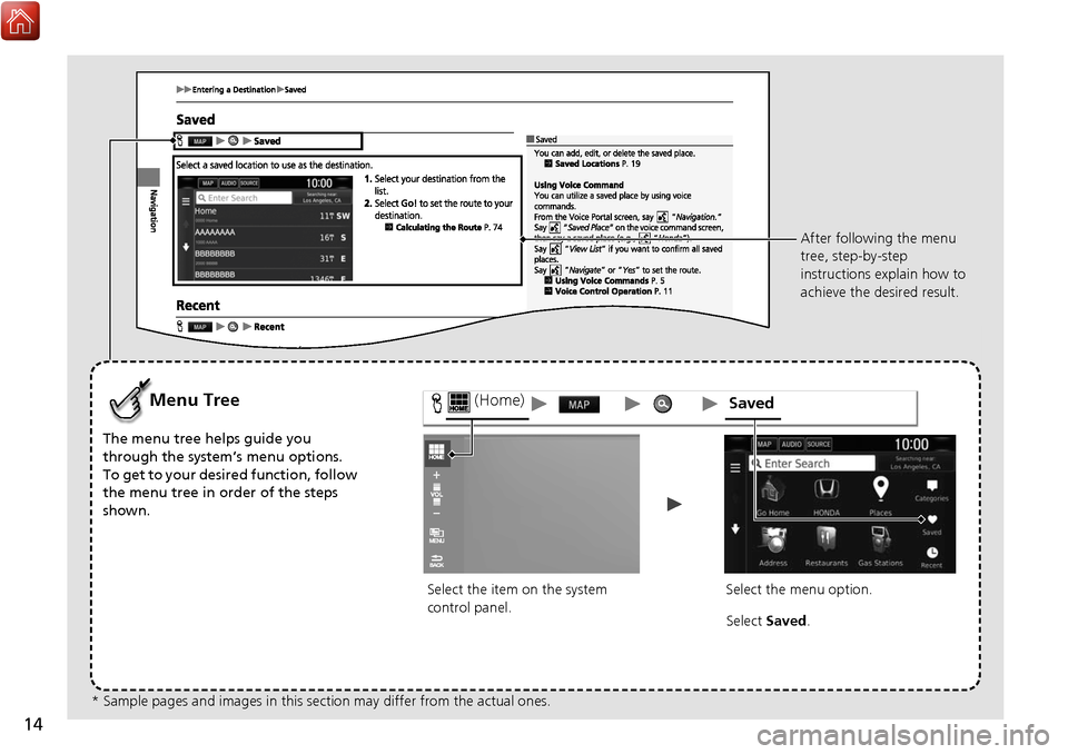 HONDA CIVIC HATCHBACK 2017 10.G Navigation Manual 14
Select the item on the system
control panel.
Menu Tree
The menu tree helps guide you
through the system’s menu options.
To get to your desired function, follow
the menu tree in order of the st HONDA CIVIC HATCHBACK 2017 10.G Navigation Manual 14
Select the item on the system
control panel.
Menu Tree
The menu tree helps guide you
through the system’s menu options.
To get to your desired function, follow
the menu tree in order of the st