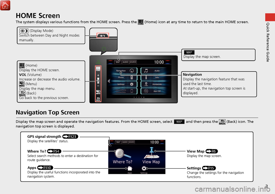 HONDA CIVIC HATCHBACK 2017 10.G Navigation Manual 3
Quick Reference GuideHOME Screen
The system displays various functions from the HOME screen. Press the (Home) icon at any time to return to the main HOME scree n.
Navigation Top Screen
Display HONDA CIVIC HATCHBACK 2017 10.G Navigation Manual 3
Quick Reference GuideHOME Screen
The system displays various functions from the HOME screen. Press the (Home) icon at any time to return to the main HOME scree n.
Navigation Top Screen
Display