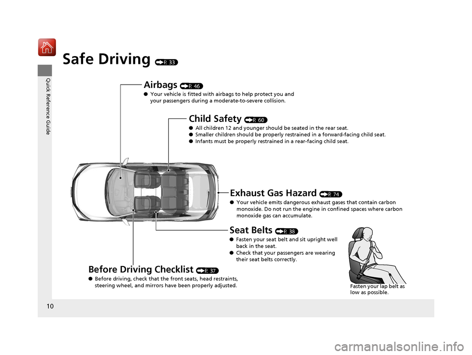 HONDA CIVIC HATCHBACK 2017 10.G User Guide 10
Quick Reference Guide
Safe Driving (P 33)
Airbags (P 46)
● Your vehicle is fitted with ai rbags to help protect you and 
your passengers during a moderate-to-severe collision.
Child Safety (P 60)