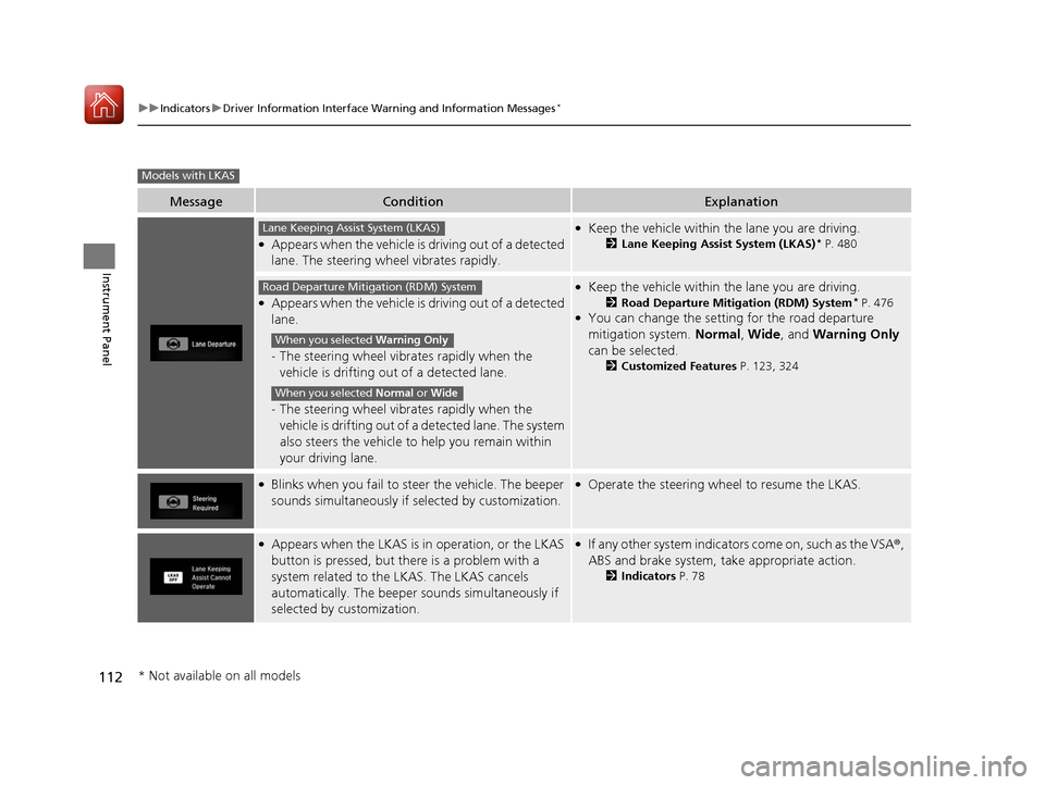 HONDA CIVIC HATCHBACK 2017 10.G Owners Manual 112
uuIndicators uDriver Information Interface Wa rning and Information Messages*
Instrument Panel
MessageConditionExplanation
●Appears when the vehicle is driving out of a detected 
lane. The steer
