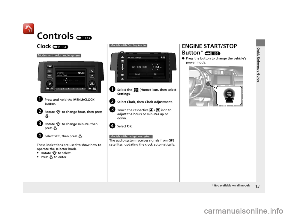 HONDA CIVIC HATCHBACK 2017 10.G Owners Manual 13
Quick Reference Guide
Controls (P 133)
Clock (P 134)
aPress and hold the MENU/CLOCK 
button.
bRotate   to change hour, then press  .
cRotate   to change minute, then 
press .
dSelect  SET, then pre