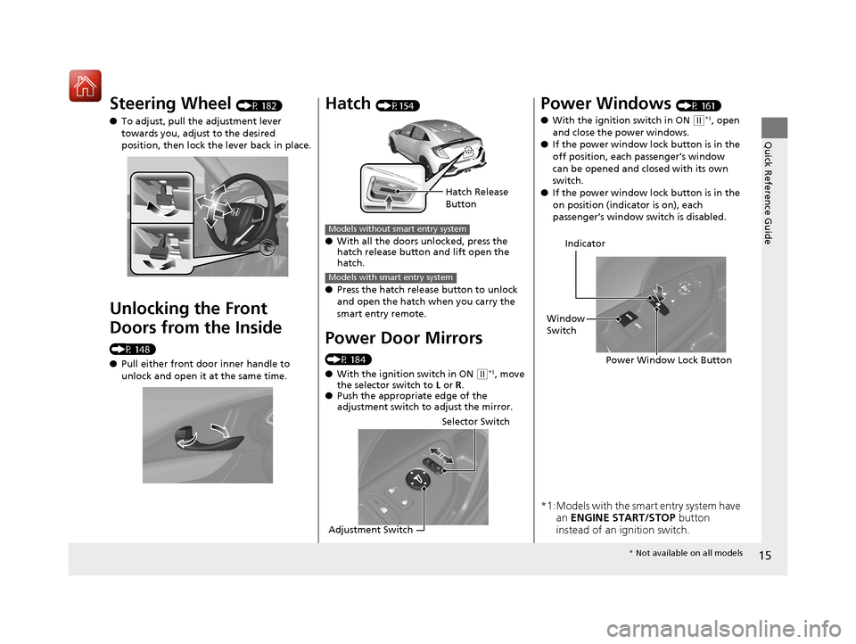 HONDA CIVIC HATCHBACK 2017 10.G Owners Manual 15
Quick Reference Guide
Steering Wheel (P 182)
● To adjust, pull the adjustment lever 
towards you, adjust to the desired 
position, then lock the lever back in place.
Unlocking the Front 
Doors fr